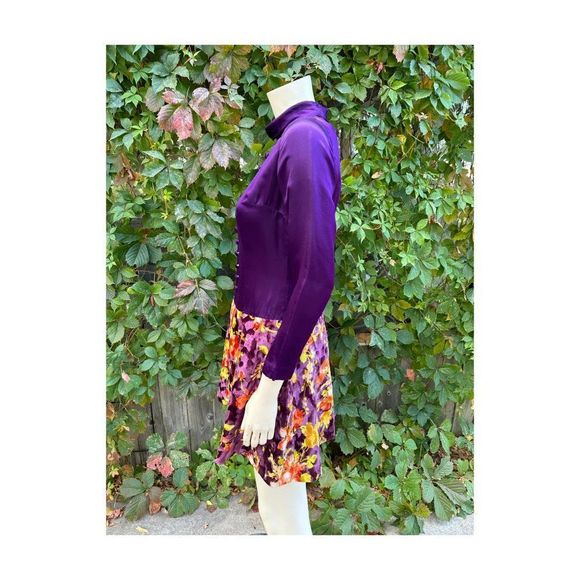 60s Scooter Dress Royal Purple Satin & Multicolor Floral Velvet Drop Waist Sm - Picture 6 of 16
